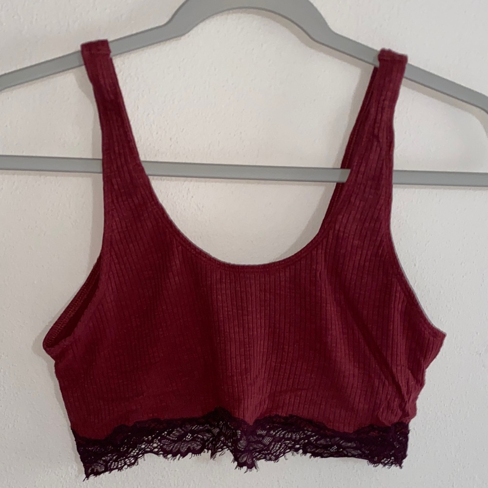 Aerie Burgundy and Black Lace Trim Bra